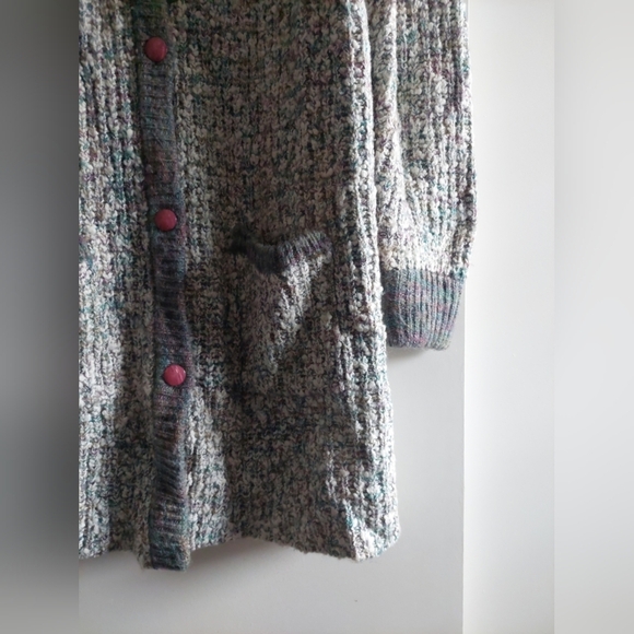 Vintage Retro 90s Y2K Knit Button front Long Cardigan sweater Gray Pink - Picture 6 of 11